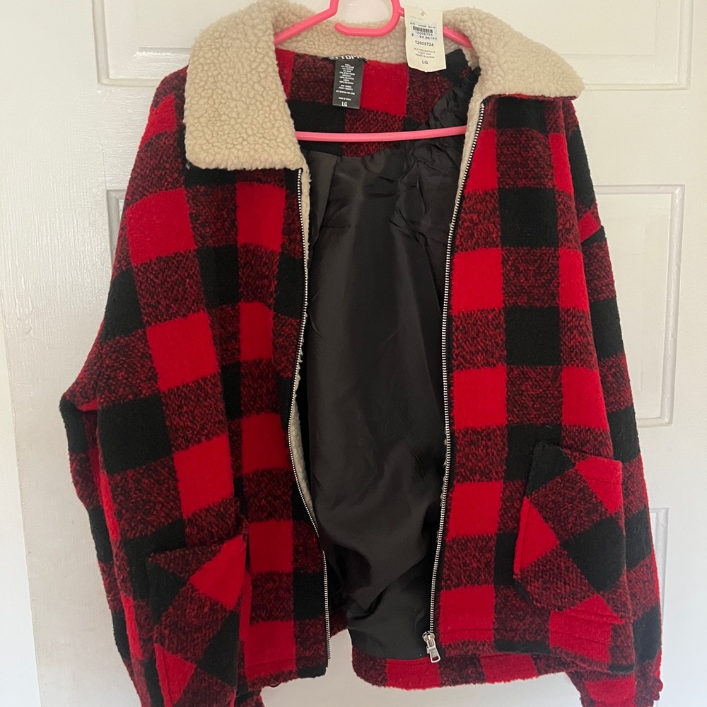 Red and Black Plaid Sherpa Jacket